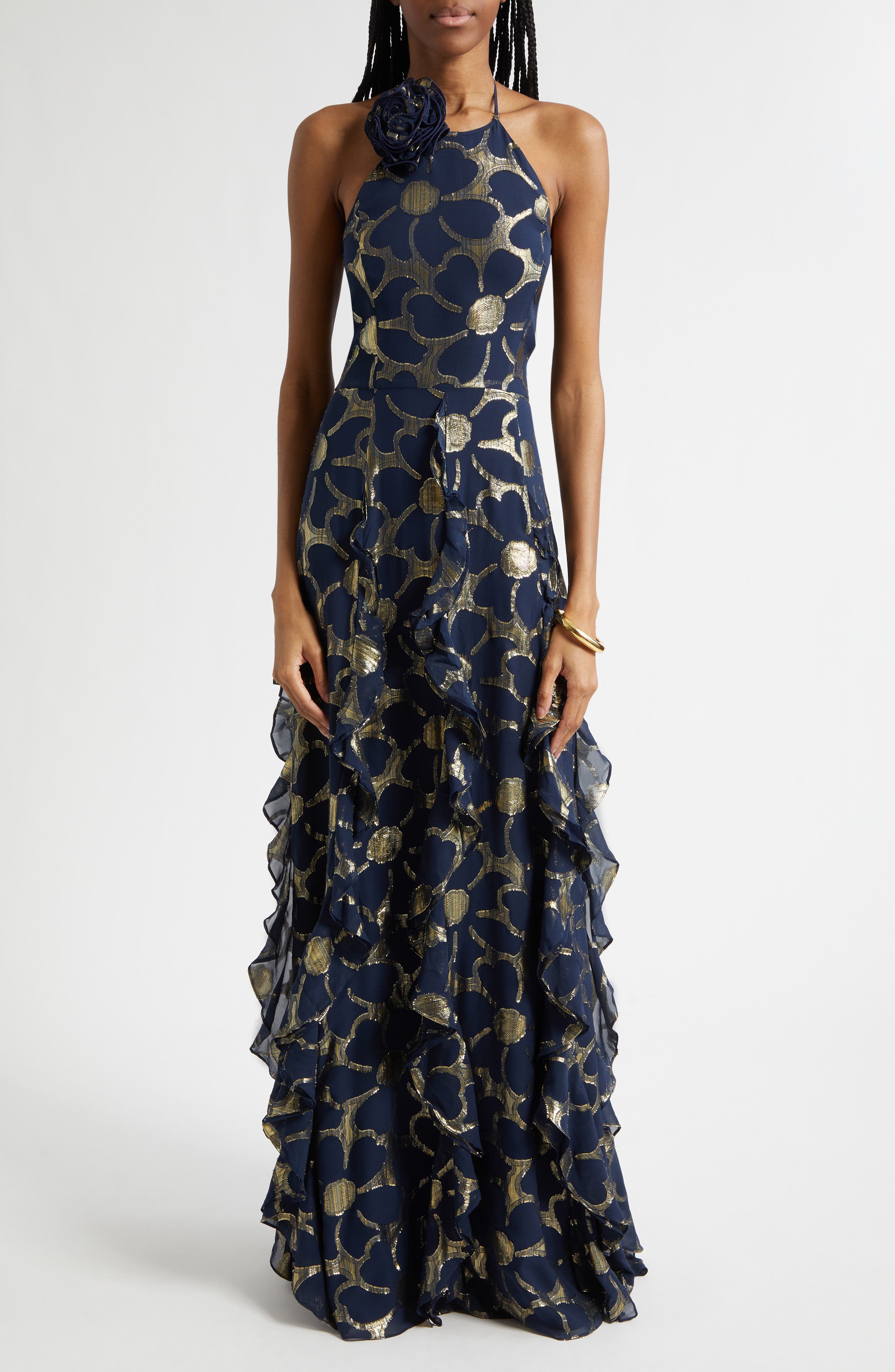 Idella Daisy Metallic Ruffle Halter Gown