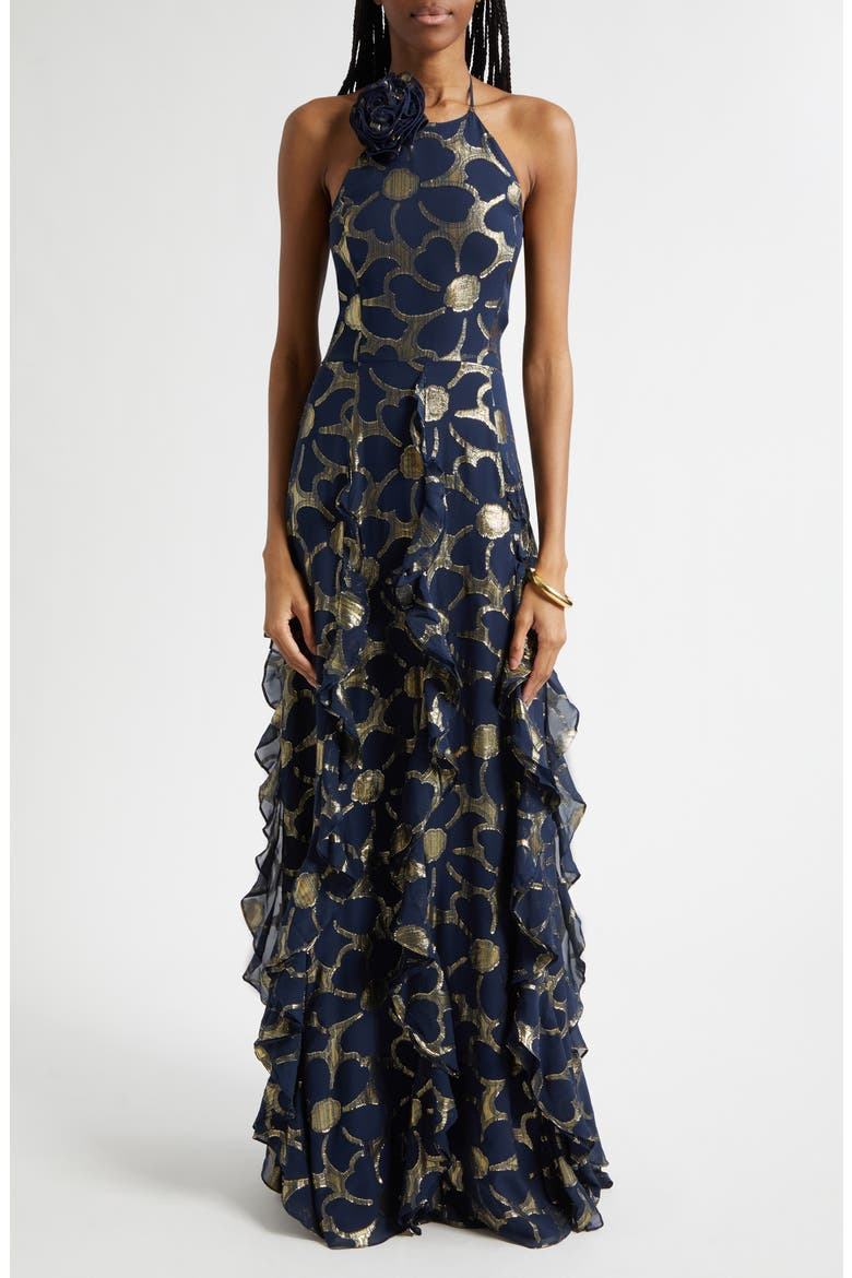 Idella Daisy Metallic Ruffle Halter Gown, Main, color, NAVY JACQUARD