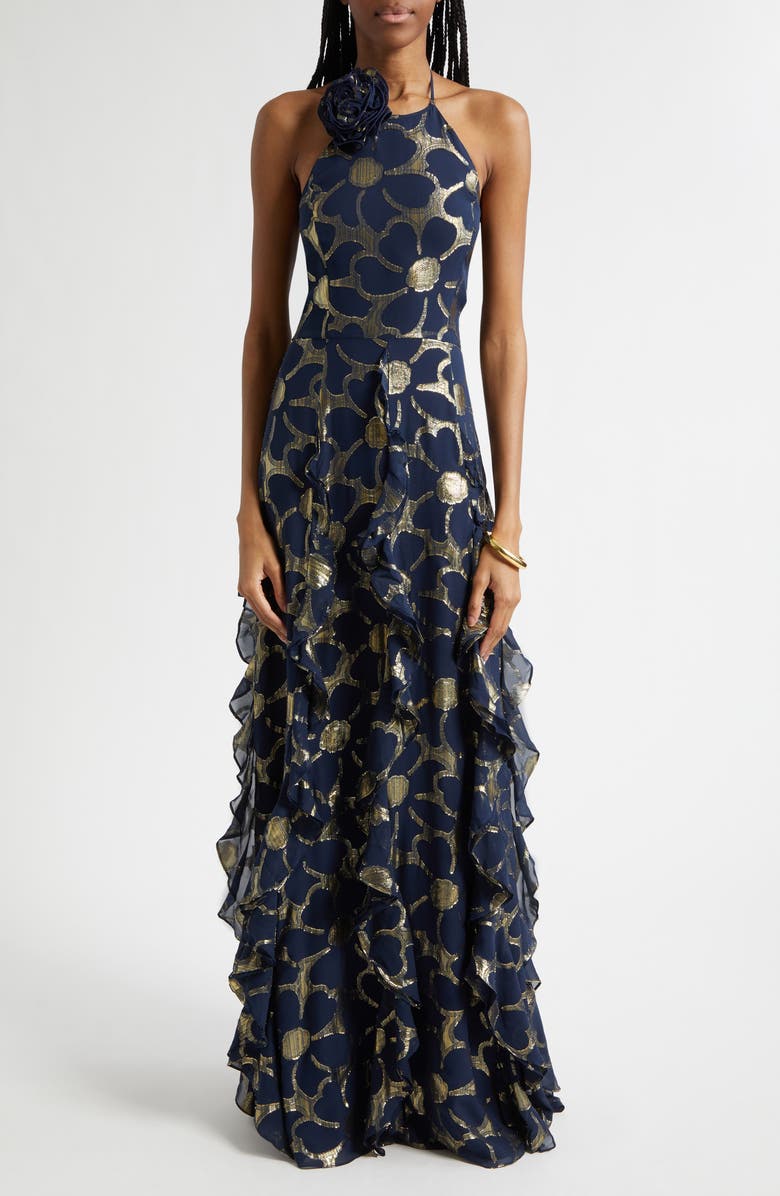 Ramy Brook Idella Daisy Metallic Ruffle Halter Gown, Main, color, Navy Jacquard