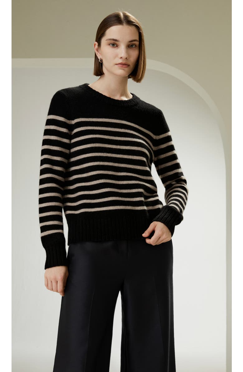 Lilysilk Striped Round Collar Cashmere Sweater, Alternate, color, Black
