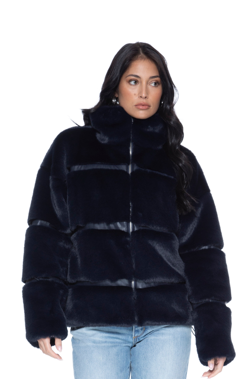 Shop Blue Revival Mob Wife Unreal Leather Fur Jacket In Navy