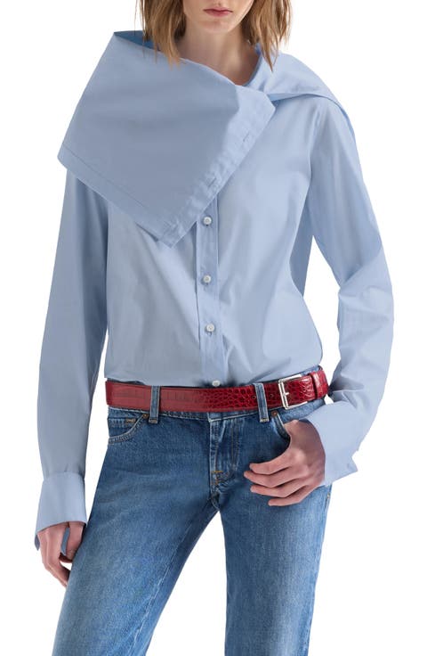 Asymmetrical Collar Cotton Poplin Shirt