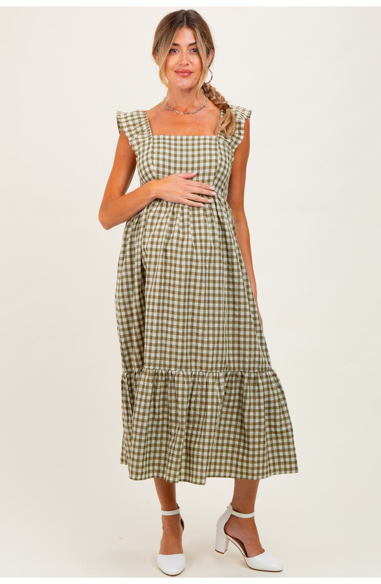 PinkBlush Gingham Ruffle Strap Midi Dress, Main, color, Olive Green