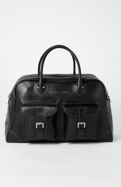 Brunello Cucinelli Grained Calfskin Weekender Bag In Black