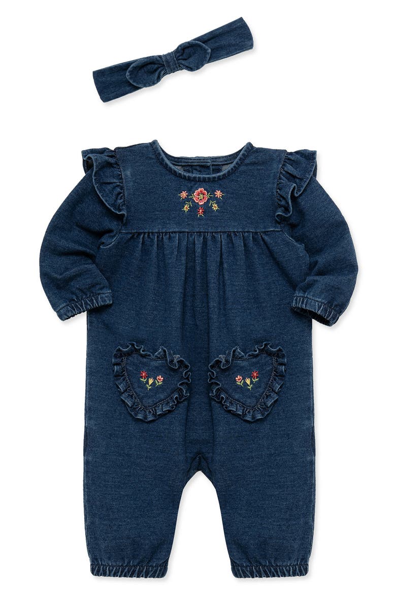 Kids' Blossom Embroidered Coverall and Headband Set, Alternate, color, DENIM
