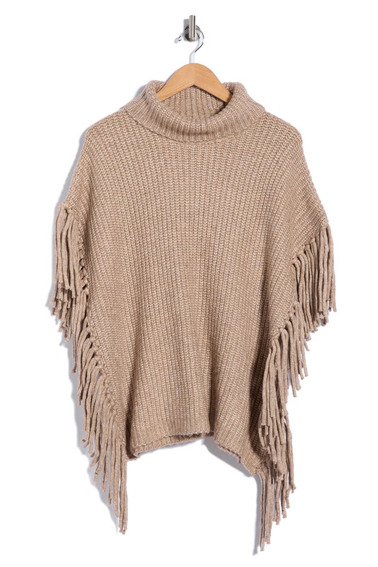 Fringe Trim Turtleneck Sweater, Alternate, color, CAMEL HEATHER