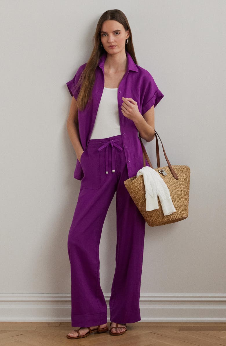 Lauren Ralph Lauren Wide Leg Linen Pants, Alternate, color, Purple Dawn