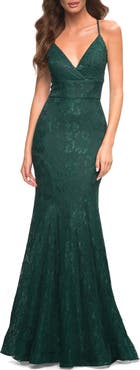 La Femme Stretch Lace Gown with Flattering Seams at Waist