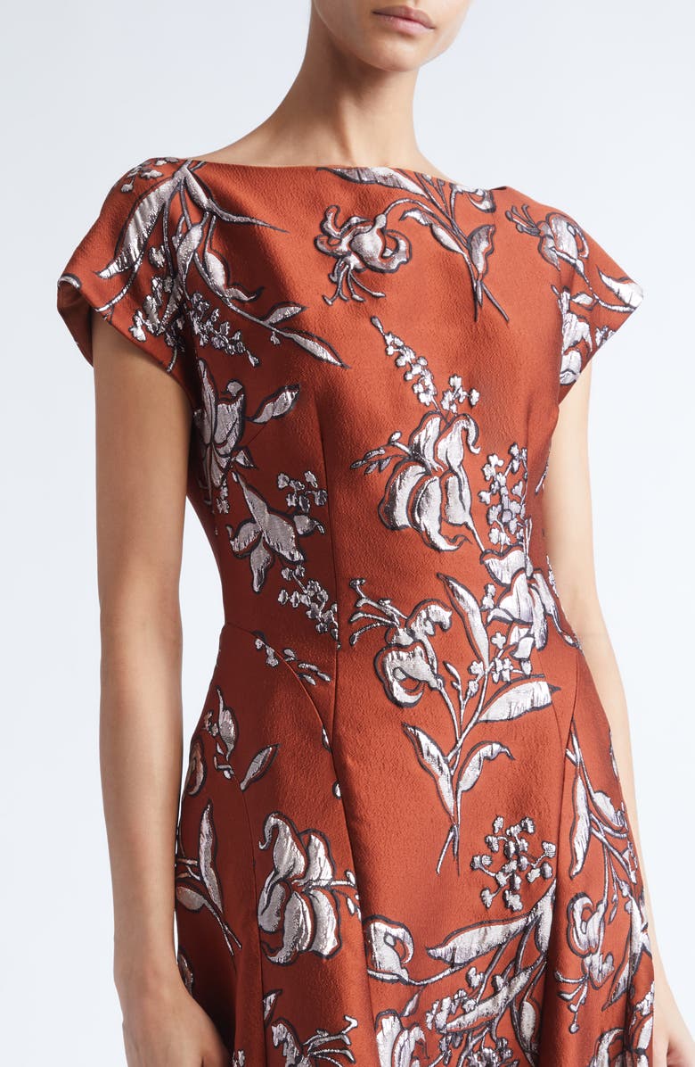 Lela Rose Metallic Floral Brocade A-Line Gown, Alternate, color, Brick