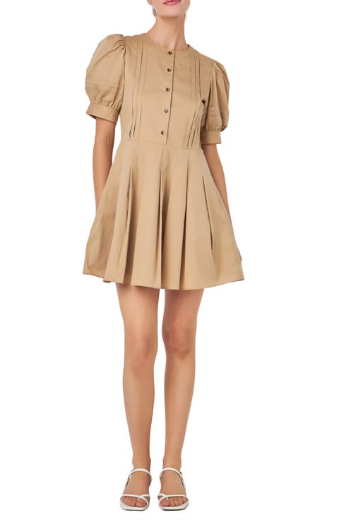 Pintuck Puff Sleeve Fit & Flare Dress