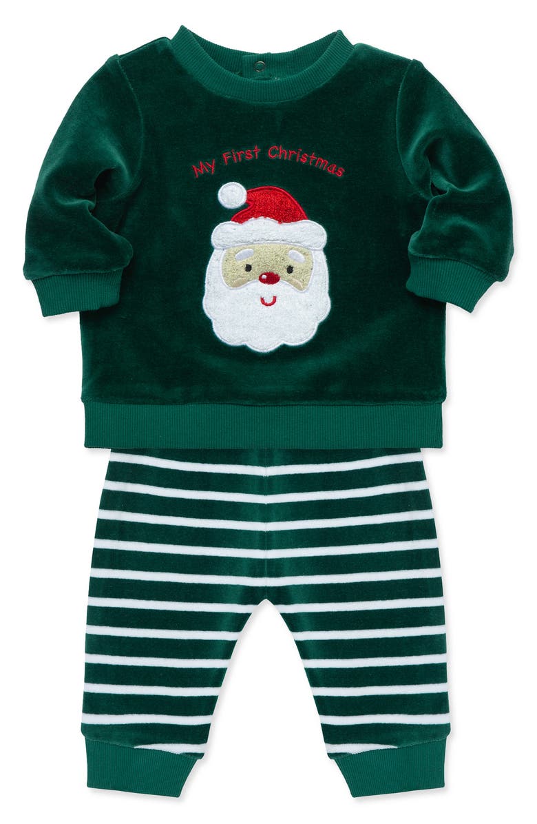Little Me Santa Velour Sweatshirt & Joggers Set, Alternate, color, Green