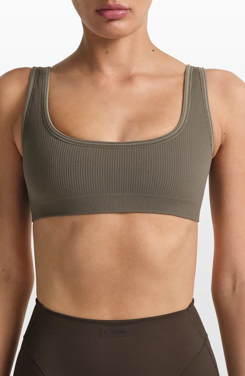 NikeSKIMS Ribbed Seamless Mico-Scoop Bra, Main, color, Dustyoakmoss/ Dune