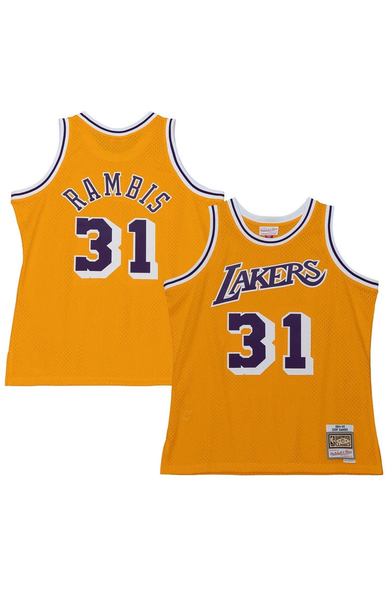Mitchell & Ness Men's Mitchell & Ness Kurt Rambis Gold Los Angeles Lakers 1984/85 Swingman Jersey, Main, color,
