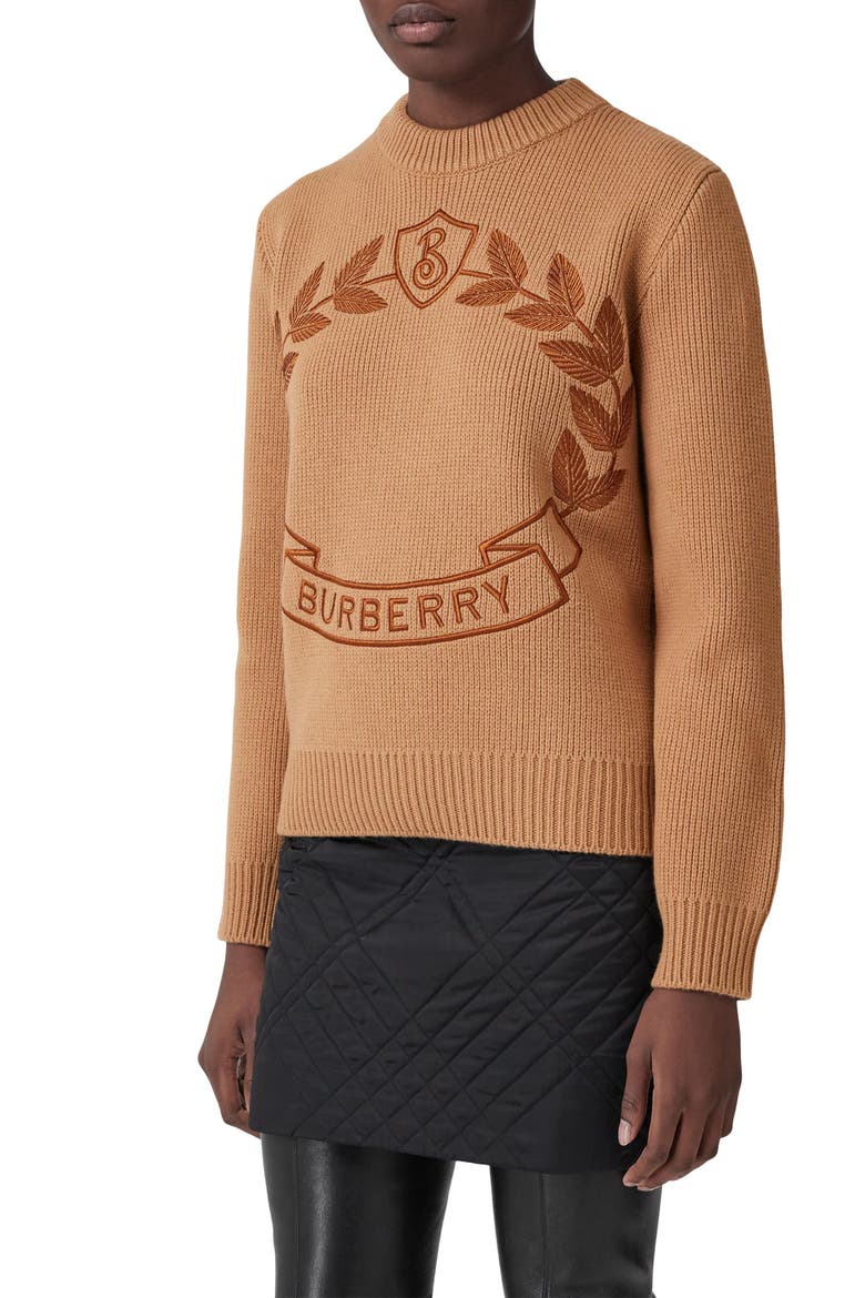 Women's Embroidered Crest Wool & Cashmere Sweater, Main, color, WARM FAWN