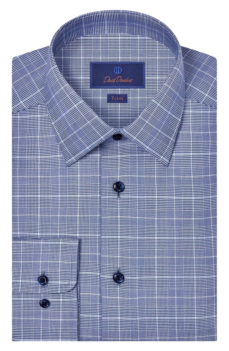 David Donahue Trim Fit Glen Plaid Twill Cotton Dress Shirt, Main, color, Navy
