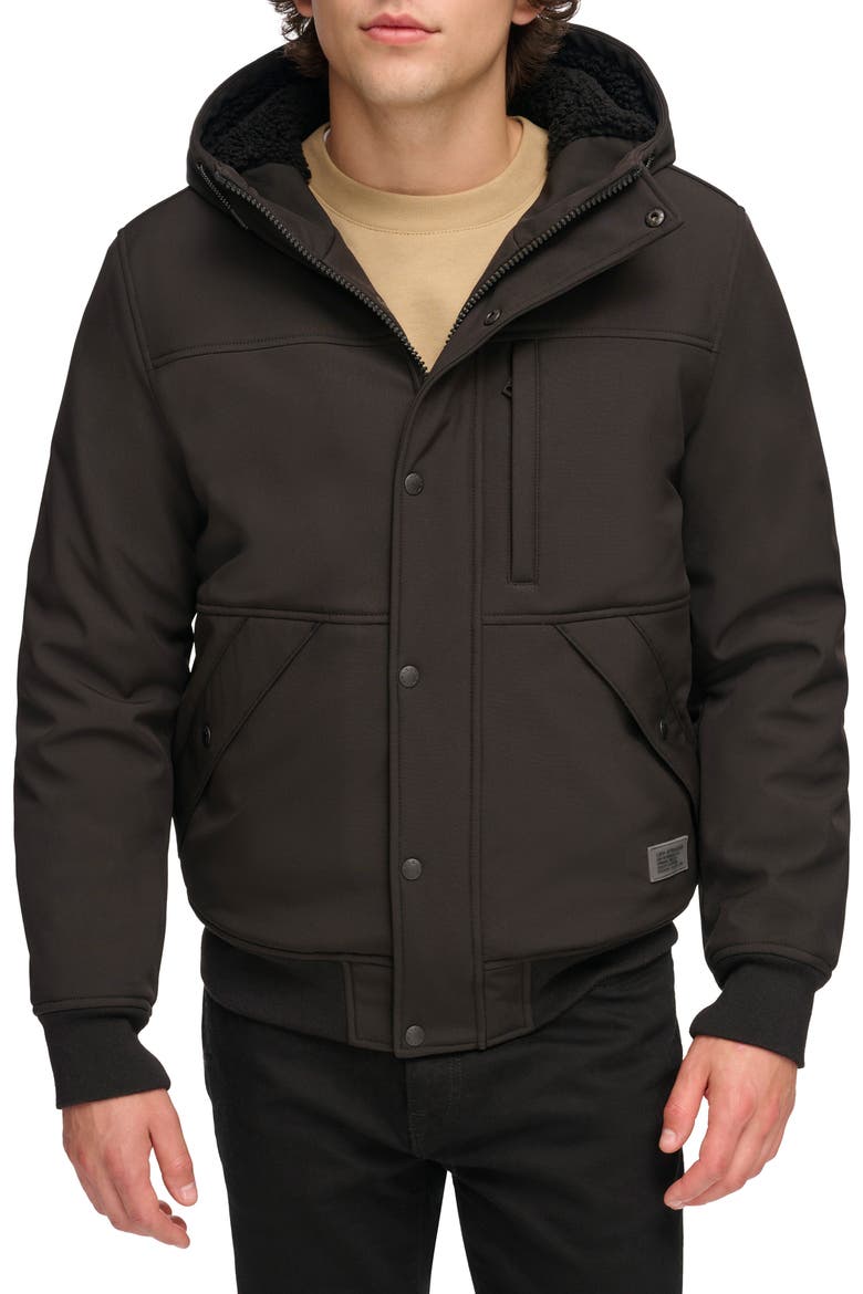 Faux Shearling Lined Soft Shell Bomber Jacket, Main, color, BLACK