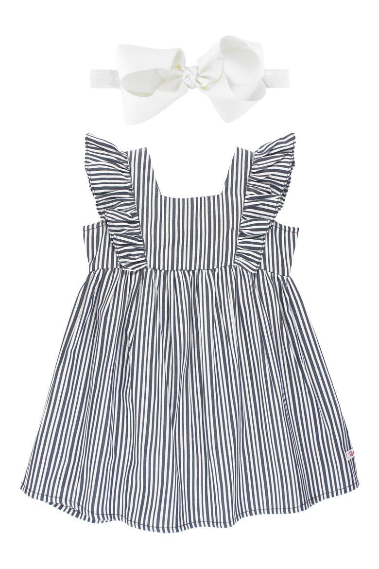 Navy Stripe Flutter Sleeve Dress & Bow Head Wrap Set, Main, color, BLUE