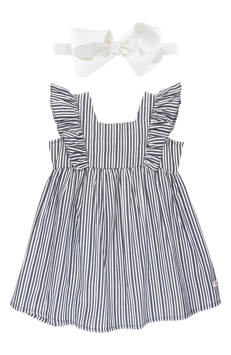 RuffleButts Navy Stripe Flutter Sleeve Dress & Bow Head Wrap Set, Main, color, 