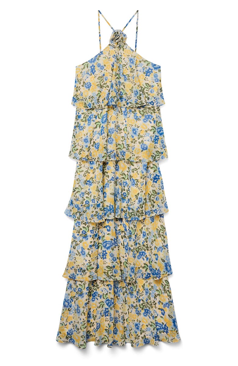 VERO MODA Lana Ruffle Tiered Halter Dress, Main, color, Blue/ Yellow/ Oatmeal