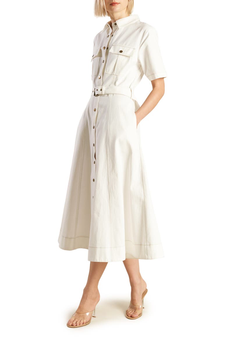 Belted Cotton Denim Midi Shirtdress, Alternate, color, OFF WHITE