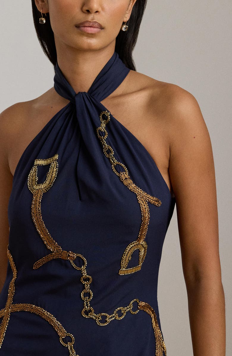 Lauren Ralph Lauren Beaded Sequin Halter Gown, Alternate, color, Navy Multi
