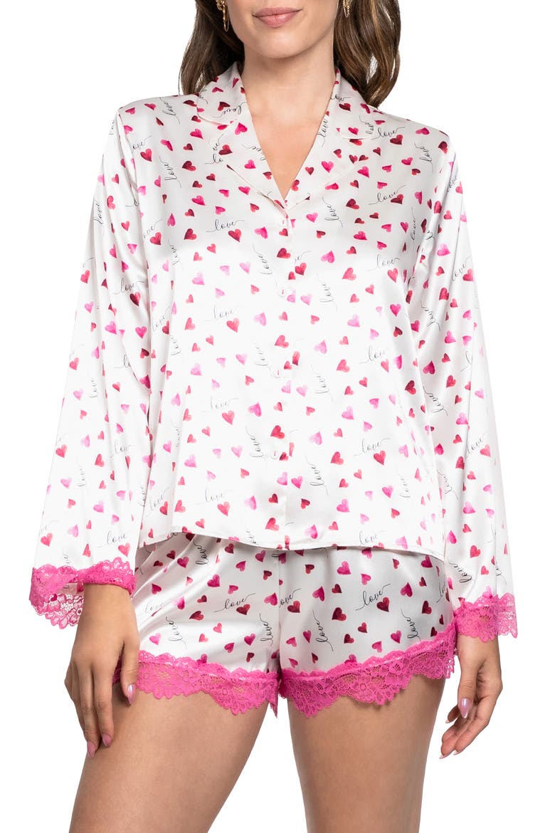 Alyssa Heart Print Satin Pajamas, Main, color, IVORY