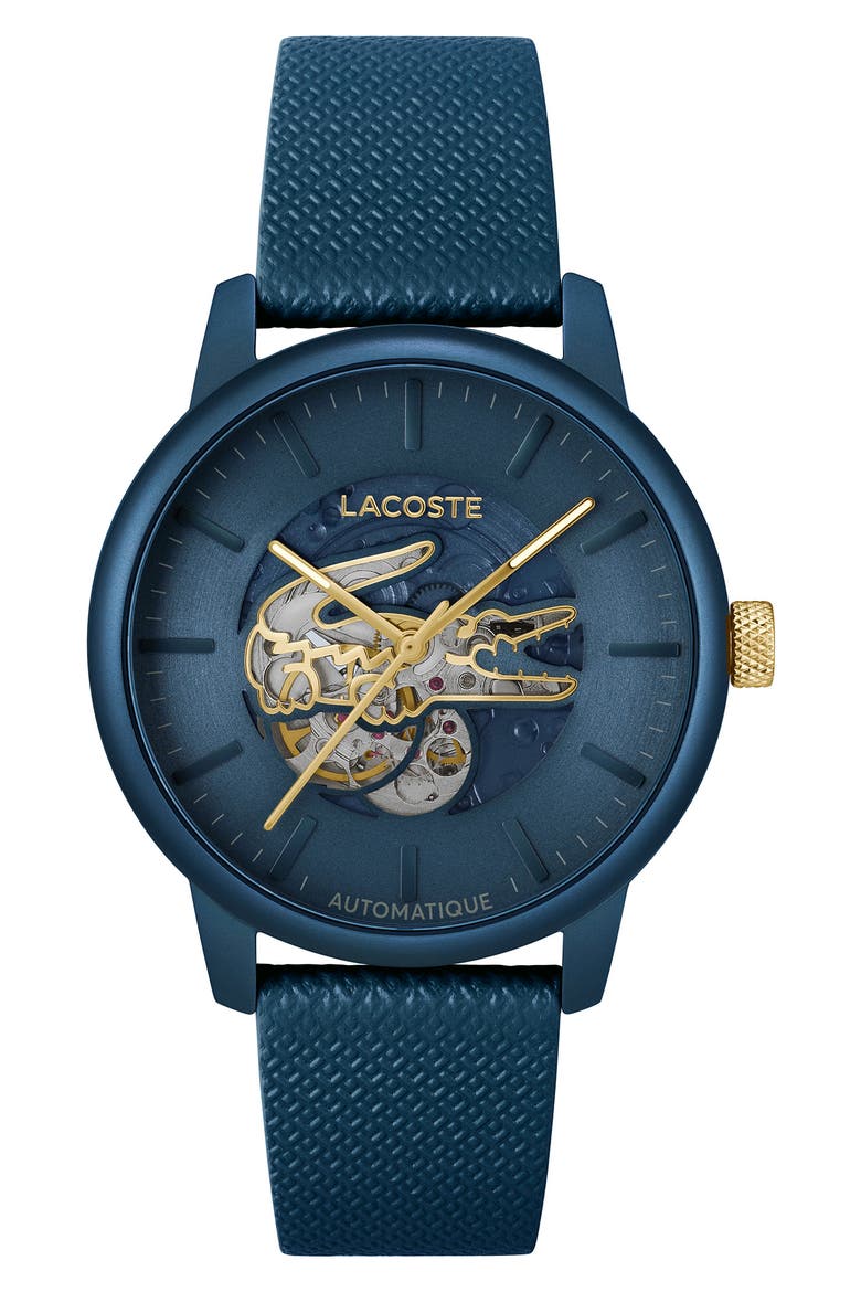 12.12 Automatique Leather Strap Watch, 44mm, Main, color, BLUE