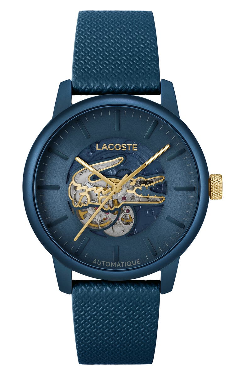 Lacoste 12.12 Automatique Leather Strap Watch, 44mm, Main, color, Blue
