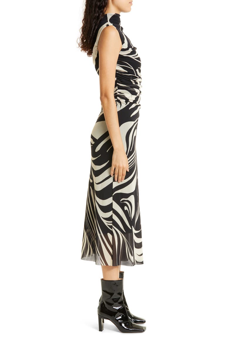 Swirl Print Ruched Mesh Sleeveless Dress, Alternate, color, NERO