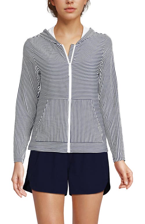 Lands' End Long Sleeve Hooded Full Zip Upf 50 Rash Guard In Deep Sea Navy Mini Stripe