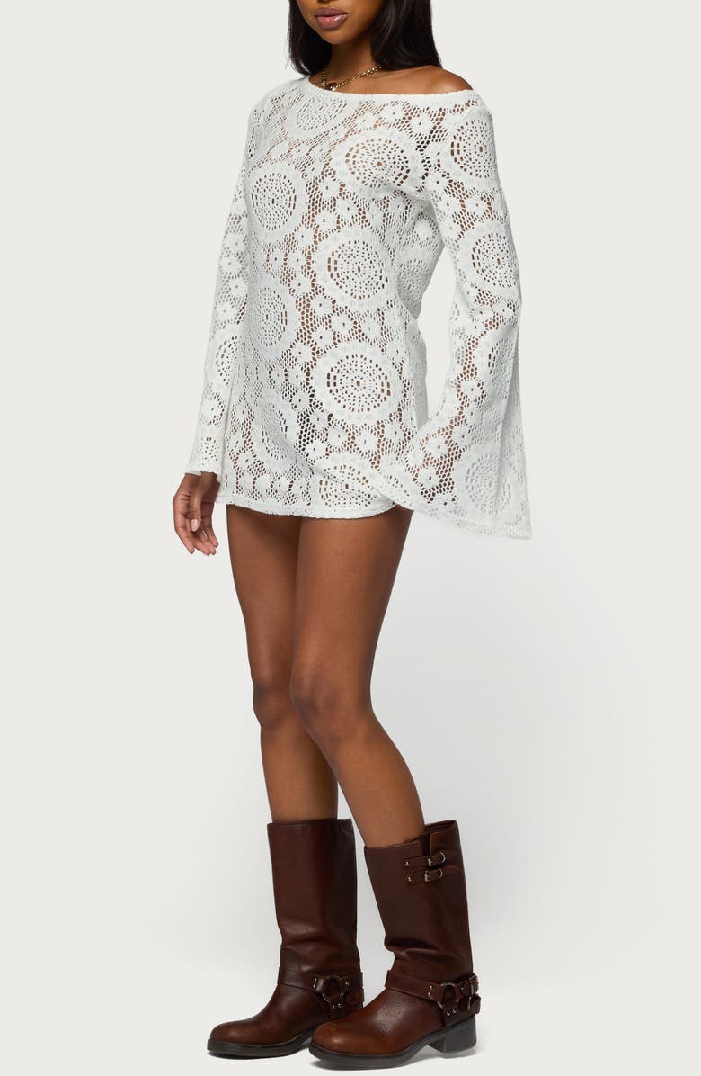 EDIKTED Sheer Lace One-Shoulder Long Sleeve Minidress, Alternate, color, White