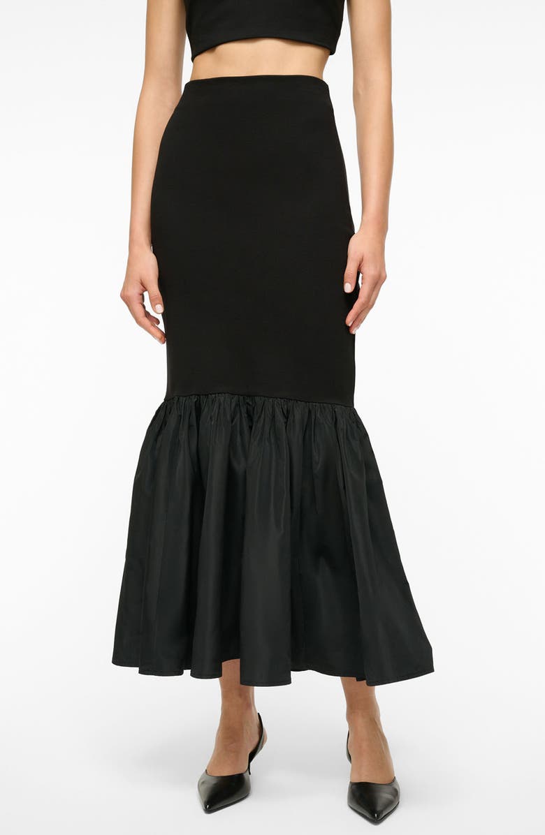 STAUD Hawthorne Mixed Media Ruffle Hem Skirt, Main, color, Black