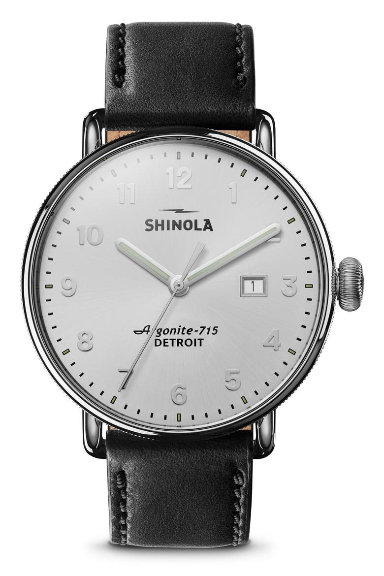 The Canfield Leather Strap Watch, 43mm, Main, color, SILVER