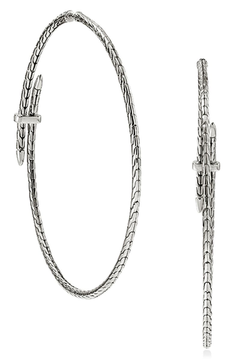 John Hardy Spear Hoop Earrings, Silver, Diamonds, 77mm, Alternate, color, 