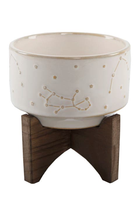 4" Constellation Ceramic Pot on Wood Stand - Ivory