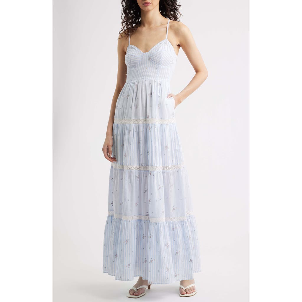 LoveShackFancy Story Floral Mixed Stripe Cotton Maxi Dress in Sky Mist at Nordstrom, Size 10