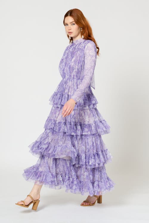 Shop Maryisa Occasion Modest Ruffle Floral Print Long Sleeves Evening Dress In Multicolor