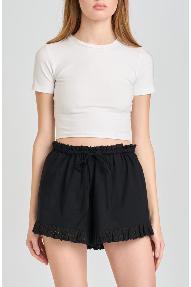 Helena Eyelet Ruffle Stretch Cotton Shorts, Alternate, color, BLACK