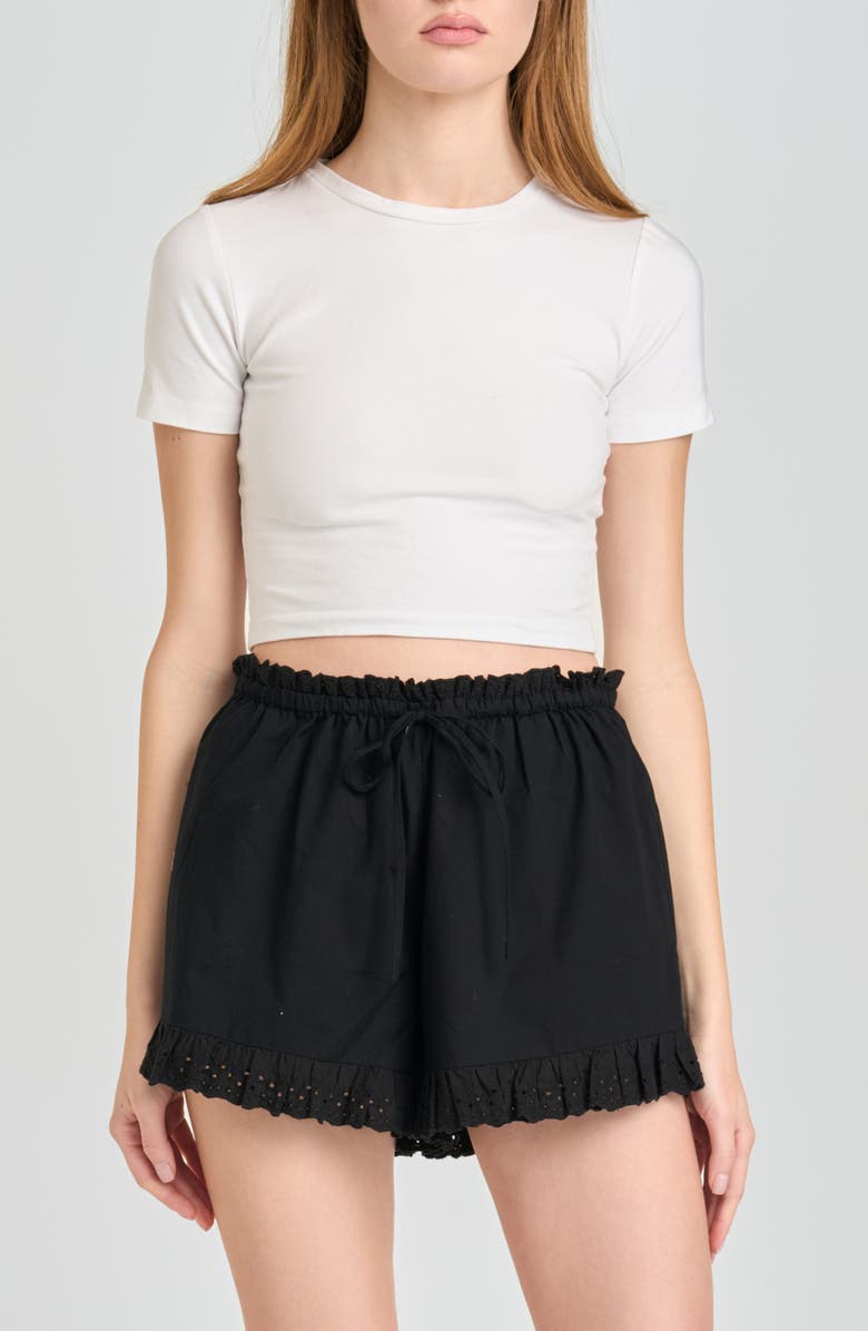 WAYF Helena Eyelet Ruffle Stretch Cotton Shorts, Alternate, color, Black
