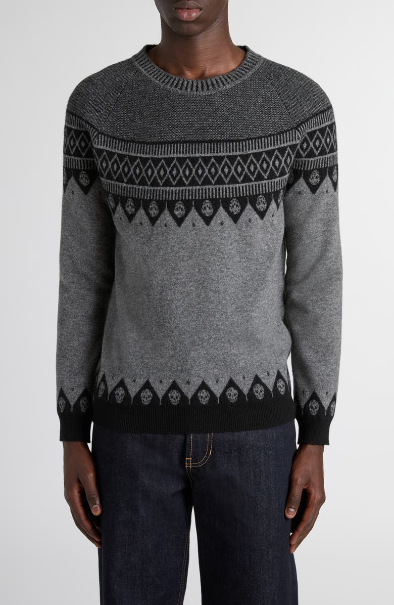 McQueen Skull Fair Isle Wool Crewneck Sweater, Main, color, Greymel/ Black