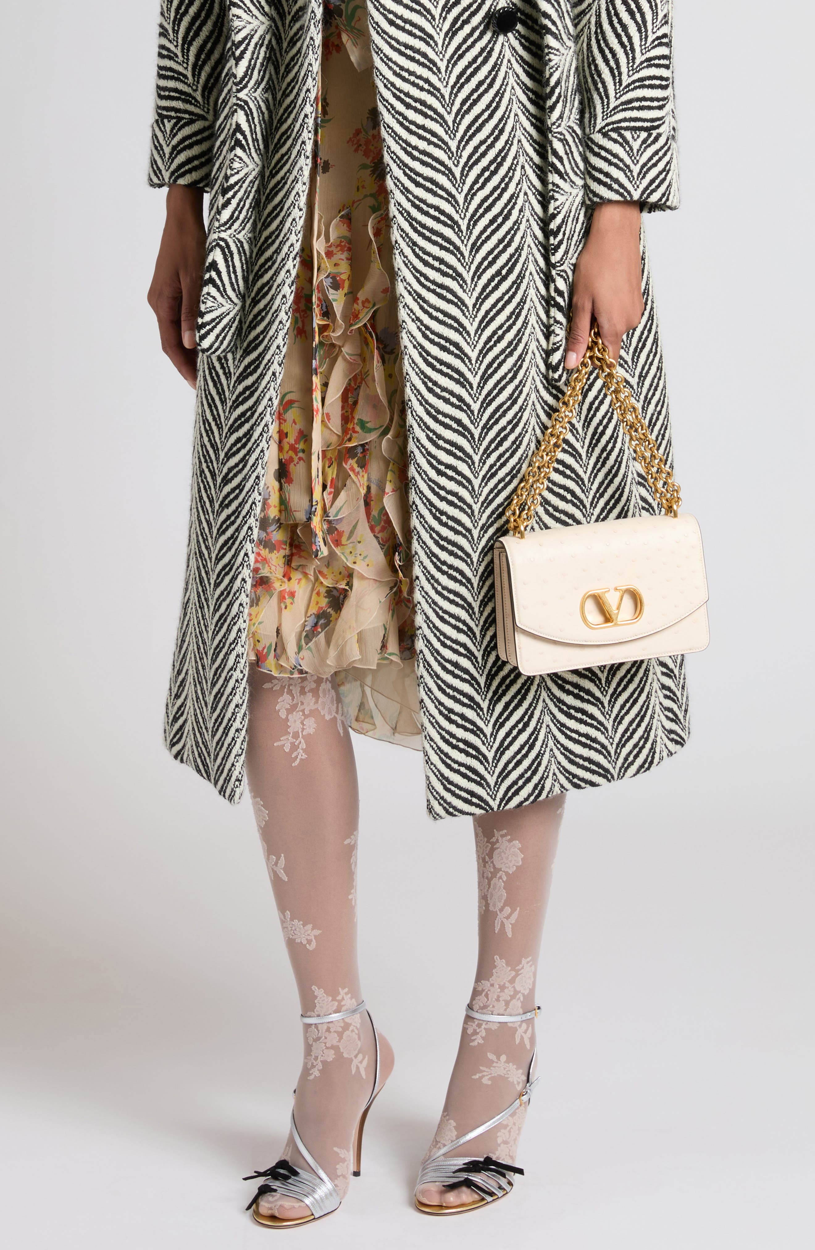 Valentino Garavani Small DeVain Ostrich Leather Shoulder Bag, Alternate, color, Light Ivory