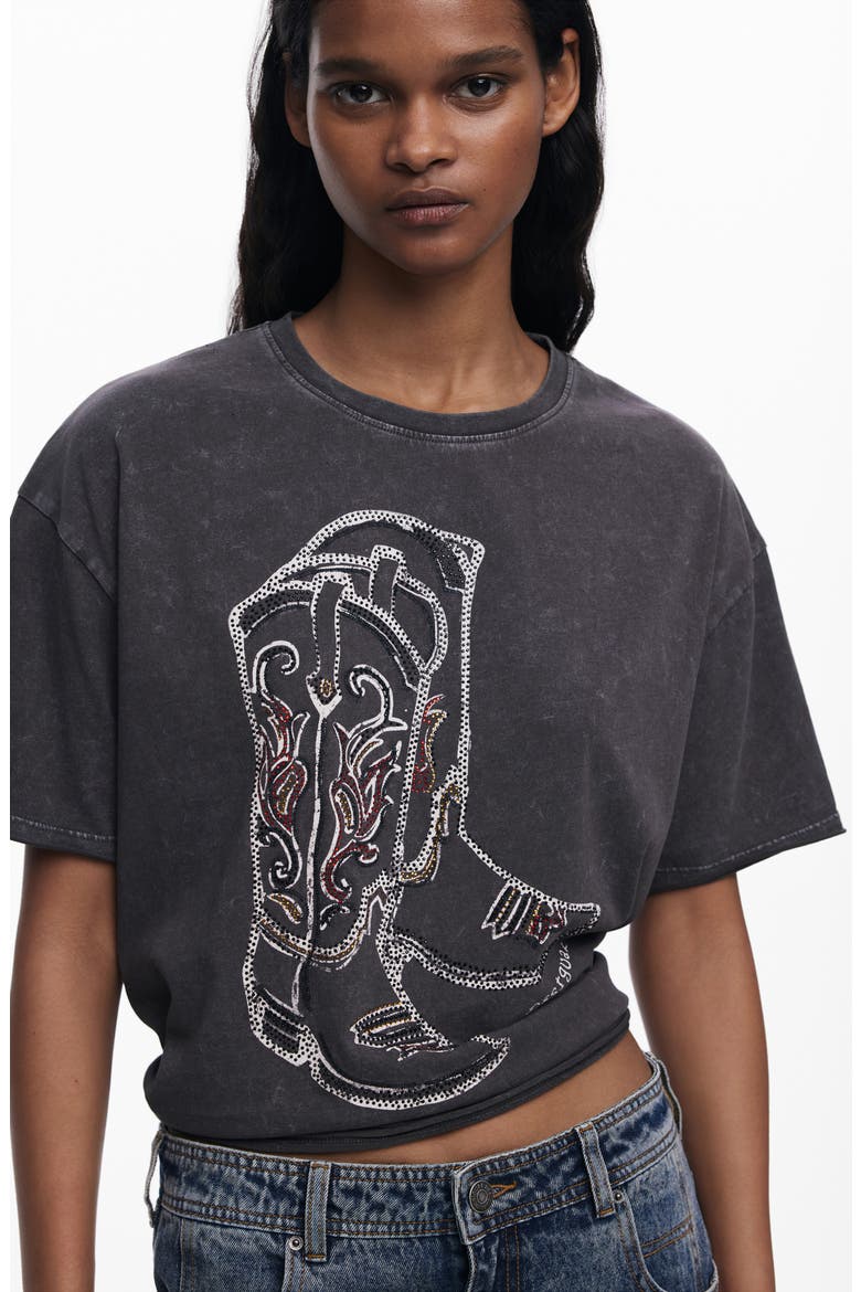 Cowboy Boot Embellished Cotton Graphic T-Shirt, Alternate, color, DARK GRAY
