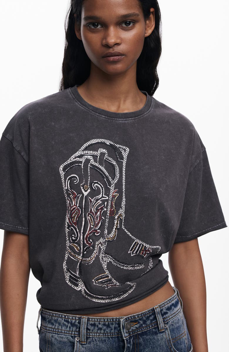 Desigual Cowboy Boot Embellished Cotton Graphic T-Shirt, Alternate, color, Dark Gray