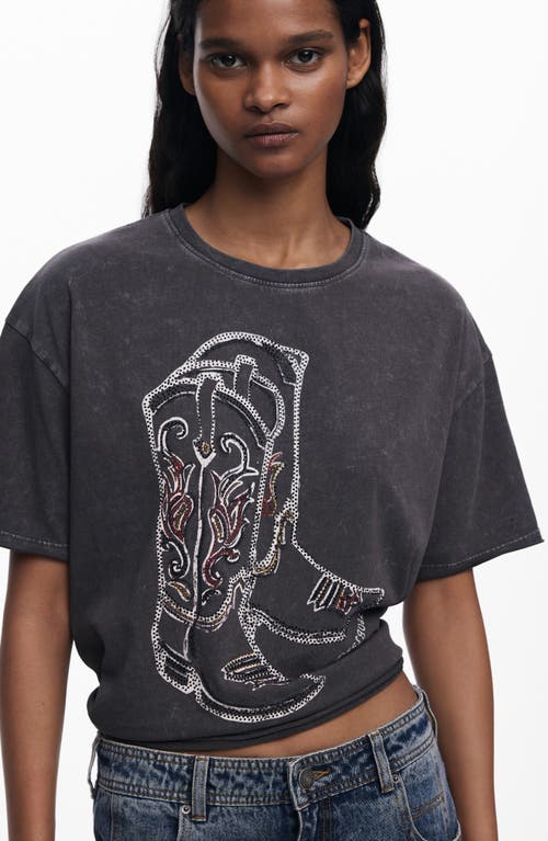 Desigual Cowboy Boot Embellished Cotton Graphic T-shirt In Dark Gray