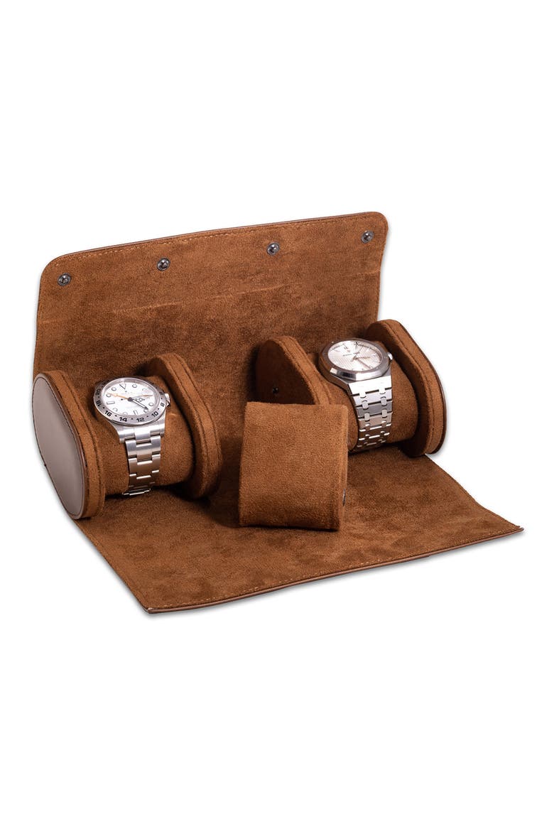 Milani Three-Watch Leather Travel Roll, Alternate, color, BROWN
