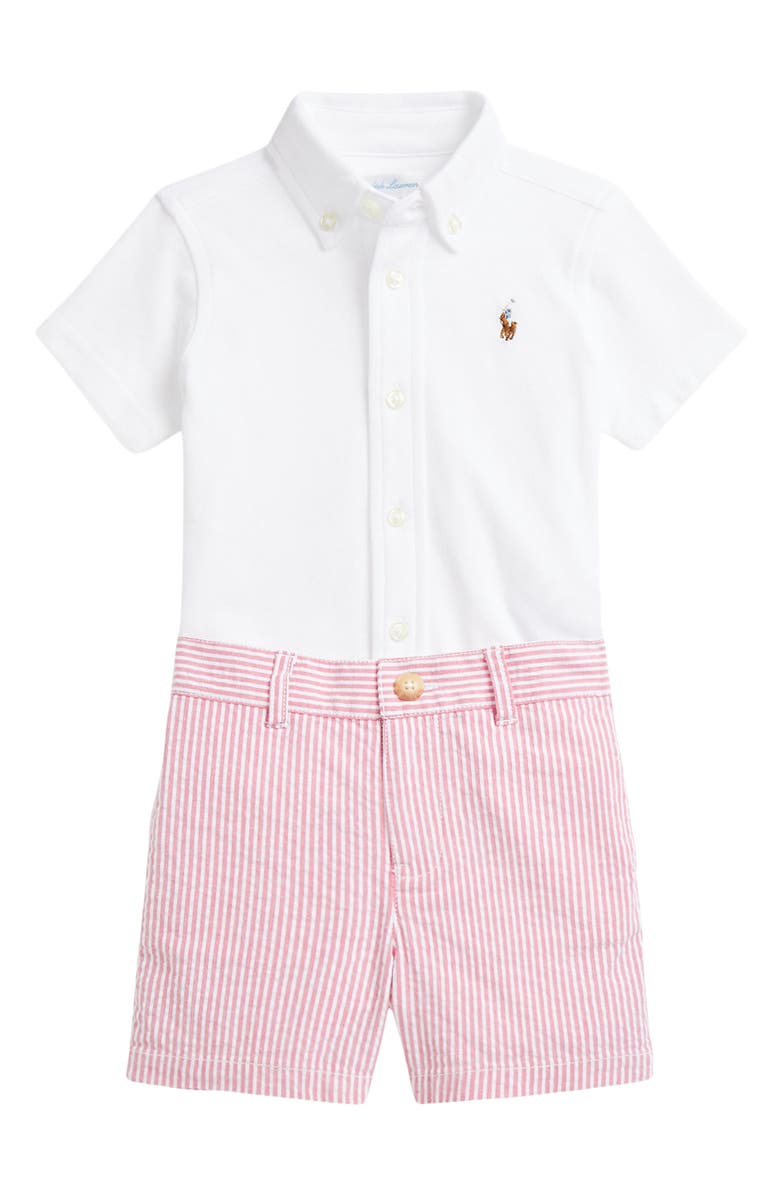 Ralph Lauren Short Sleeve Cotton Piqué Button-Down Shirt & Seersucker Shorts Set, Main, color, 