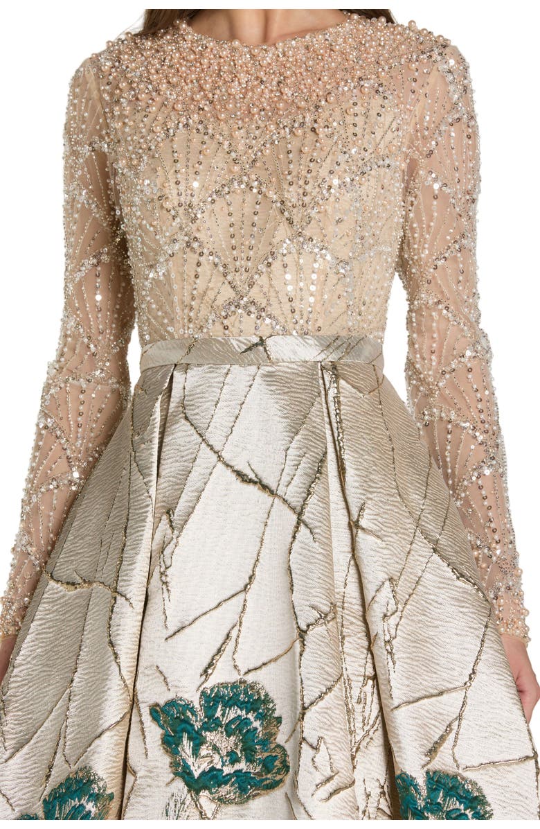 Mac Duggal Long Sleeve Embellished Floral Brocade Gown, Alternate, color, Champagne Teal