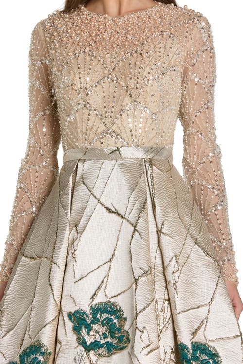 Mac Duggal Long Sleeve Embellished Floral Brocade Gown In Neutral