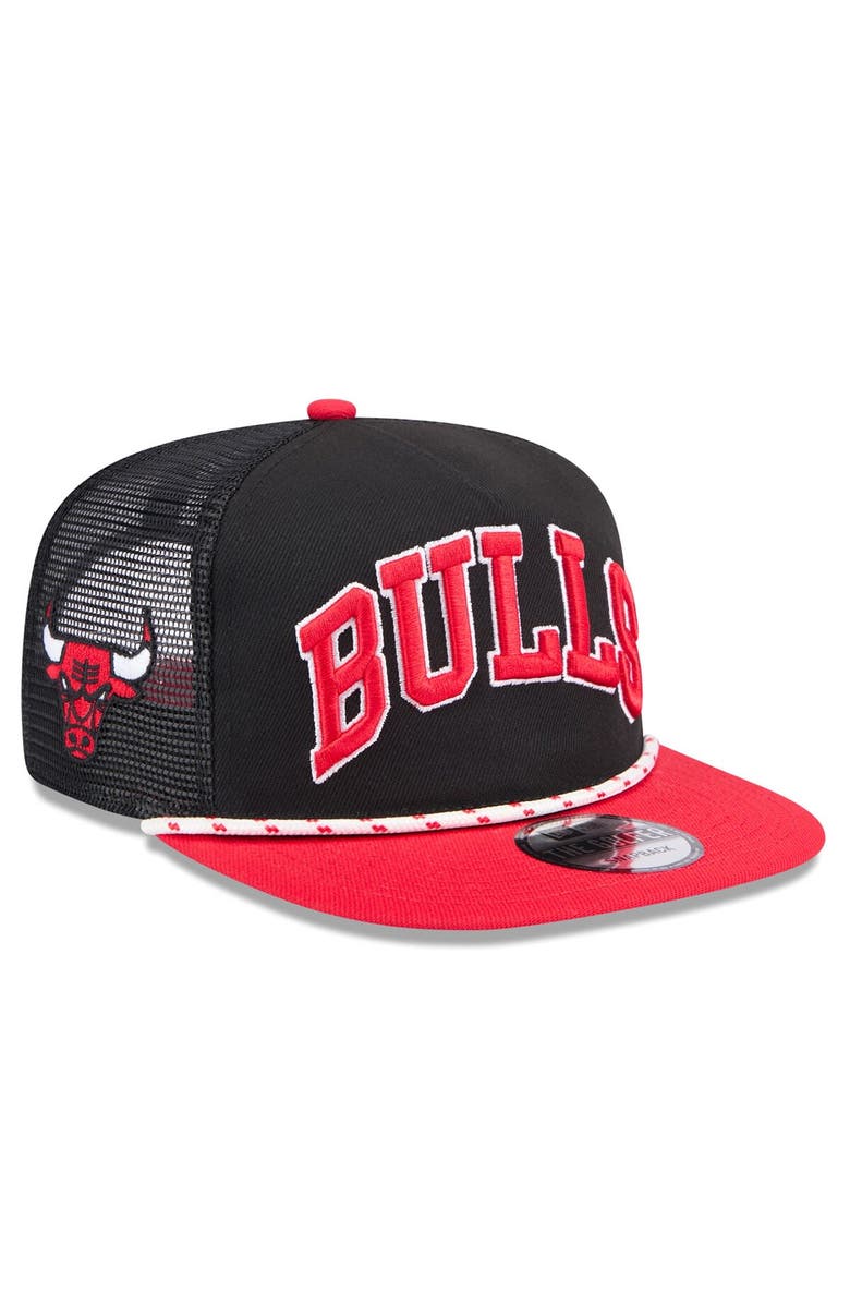 New Era Men's New Era Black/Red Chicago Bulls Throwback Team Arch Golfer Snapback Hat, Main, color, 