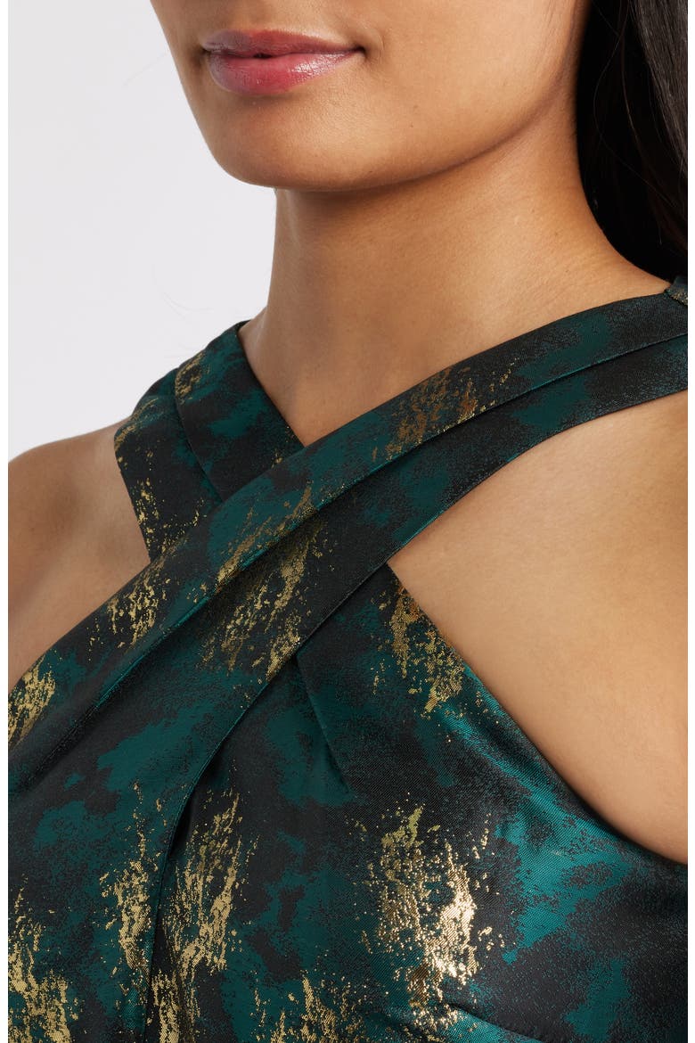 Metallic Crossover Neck Brocade Dress, Alternate, color, MIDNIGHT PINE MULTI